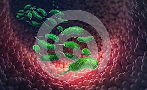 Escherichia coli, germs and viruses in body. Bowel infection, upset stomach. Intestinal walls and viral inflammation under a micro