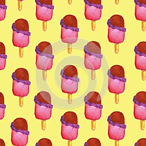 escimo ice cream watercolor seamless pattern, pink escimo pattern, yellow background