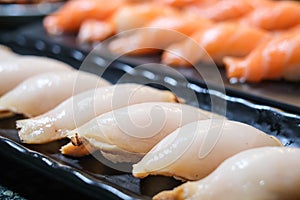 Escolar, oilfish, butter fish nigiri or sashimi. traditional Japanese food.