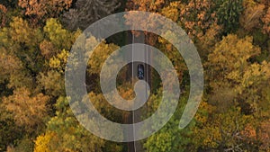Escorting the black car from the air on the road in the autumn forest