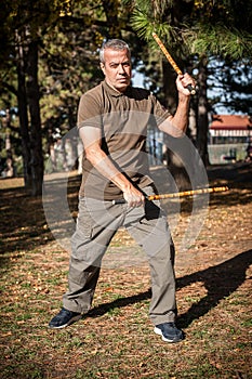 Escrima and kapap instructor demonstrates sticks fighting techniques in park