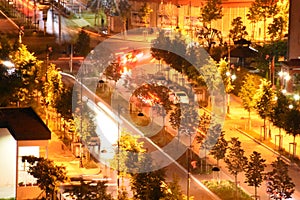 Esenyurt Yildirim Beyazit Street with long exposure cars, road lights, crossroad, traffic signs.