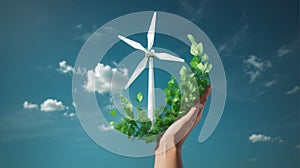 ESG and Clean Energy Concept. Hand Raise up a Wind Turbine Paper iWorld Earth Danto the Sky.