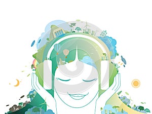 ESG and ECO friendly community with a girl listening the sound form the nature vector illustration graphic EPS 10