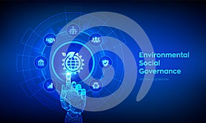 ESG. Environmental Social Governance concept on virtual screen. Future environmental conservation and ESG modernization
