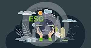 ESG or environmental social governance for eco strategy tiny person concept