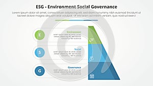 ESG frameworks infographic concept for slide presentation with half slice pyramid with circle point with 3 point list with flat