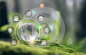 ESG icon concept on green moss for environmental, social, and governance in sustainable and ethical business on the Network