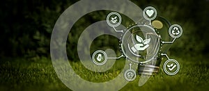 ESG icon for the environment, society, and governance in sustainable in lightbulb and beautiful grass 3d Render