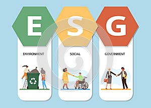 ESG infographic with people care about environment and minorities, flat vector illustration.