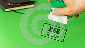 ESG report, Environmental social governance, President putting a stamp authorizing the companys ESG report, Green background cop