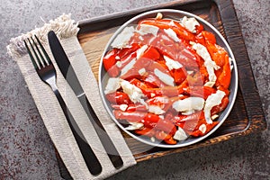 Esgarraet Cod salad with grilled red peppers, garlic and olive oil closeup on the plate. Horizontal top view photo