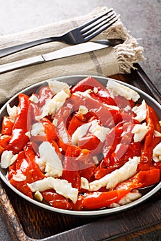 Esgarraet valenciano or esgarrat is a typical dish of Spanish cuisine made of cod fish, bell peppers and garlic closeup on the photo