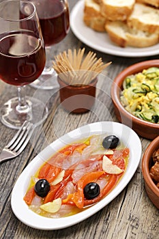 Esgarrat is a cold salad of salted cod and grilled paprika, spanish valencia tapas photo
