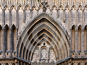 Esglesia de Santa Maria del PI. Decorated portal in typical catalan gothic style. Barcelona, Spain