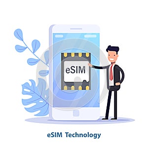 ESIM card chip sign. Embedded SIM concept. New mobile communication technology. Can use for web banner, infographics