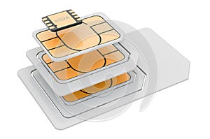 ESIM, nano, micro and mini sim cards, 3D rendering