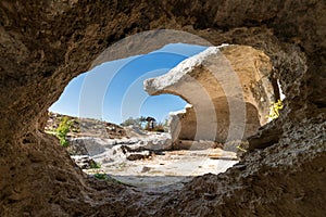 Eski-Kermen is an ancient cave town in Crimea. View from inside cave