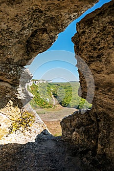 Eski-Kermen is an ancient cave town in Crimea. View from inside cave