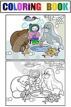 Eskimo boy fishing with animals. Set children coloring book and color picture.