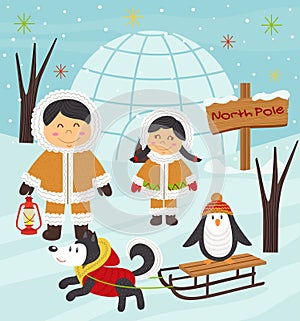 Eskimo boy and girl with arctic animals