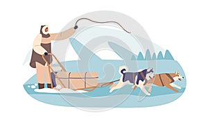 Eskimo Character Guiding A Dog Sled Through The Arctic Landscape, Epitomizing The Bond Between Humans And Canine