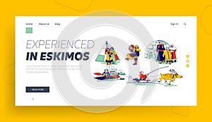 Eskimo Characters in Traditional Clothes and Arctic Animals Landing Page Template. Esquimau Family Mother photo