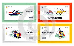 Eskimo Characters in Traditional Clothes and Arctic Animals Landing Page Template. Esquimau Family Mother photo