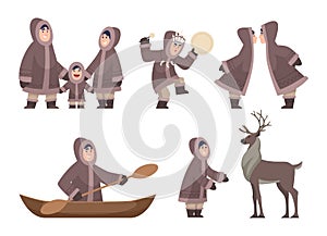 Eskimo characters. Traditional ethnic authentic characters cold alaska family exact vector cartoon happy people isolated photo