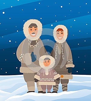 Eskimo family in arctic, north pole. Smiling parents with son standing together on snowy landscape