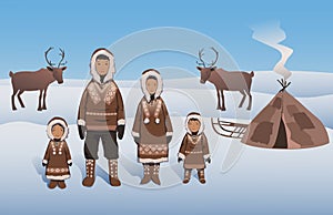 Eskimo family in traditional outfit standing by inuit hut. Eskimos and deers on the Northern landscape. Flat vector photo