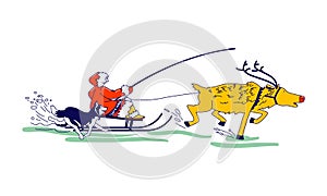 Eskimo Female Character Riding Reindeer Sleigh with happy Dog Run beside. Life in Far North photo