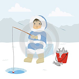 Eskimo Fishing Through The Ice Hole Cartoon Vector