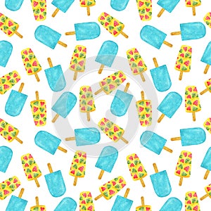 Eskimo and Fruit Ice Cream seamless pattern. Watercolor.