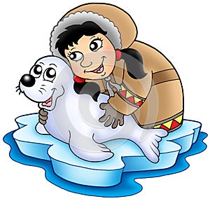 Eskimo girl with baby seal photo