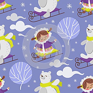 ESKIMO GIRL BEAR Winter Seamless Pattern Vector Illustration