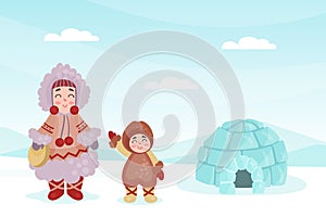 Eskimo indigenous family of mom and kid in traditional winter clothes on north pole landscape cartoon vector