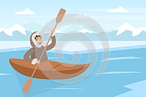 Eskimo Indigenous Man Sailing Boat with Oar Vector Illustration