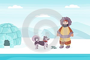 Eskimo indigenous man in traditional winter clothes feeding dog with fish on northern landscape cartoon vector