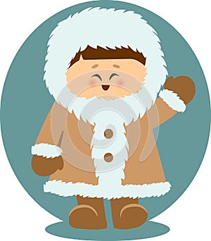 Eskimo Kid Waving Hello Isolated Illustration