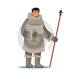 Eskimo Male Character Happy Face Hold Spear Show Thumb Up. Life in Far North, Inuit Hunter Wearing Traditional Clothes photo