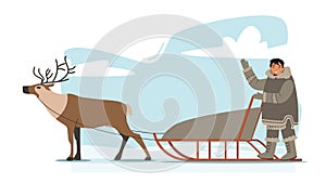 Eskimo Male Character Riding Reindeer Sleigh with Happy Face. Life in Far North Concept, Inuit in Traditional Clothes photo
