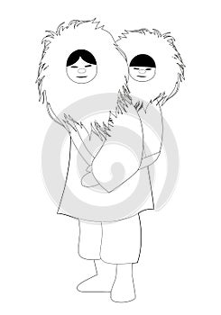 Eskimo mother with son behind her back, wearing fur clothes, isolated on white background