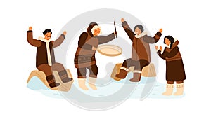 Eskimo people clapping hands, dance and play national ethnic tambourine. Inuit family having fun. Traditional northern