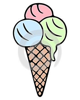 Eskimo. Pink, blue, green. Three scoops of melting ice cream in a crispy waffle cone. Cartoon style