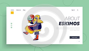 Eskimo Shaman Landing Page Template. Character of Northern Minorities Jump with Tambourine and Amulets Dancing