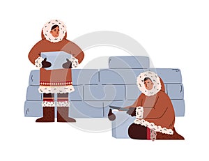 Eskimos building igloo ice dwelling, cartoon flat vector illustration isolated.