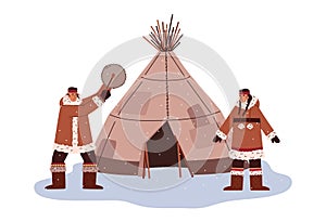 Eskimos couple dancing near igloo hut flat vector illustration isolated.