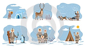 Eskimos Families and Characters with Animals Set