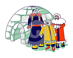 Eskimos Family Characters in Traditional Warm Clothing Stand front of Igloo made of Ice Pieces. Life in Far North